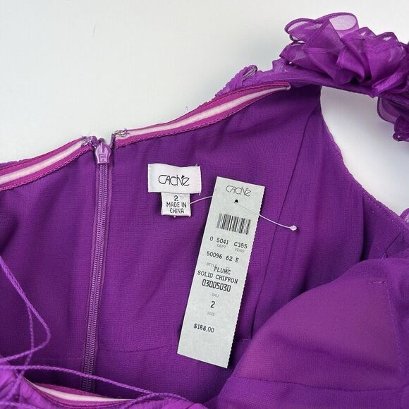 CACHE Y2K Silk Mini Dress Sz 2 Purple Ruffled One Shoulder Fairy Cocktail - Picture 6 of 15